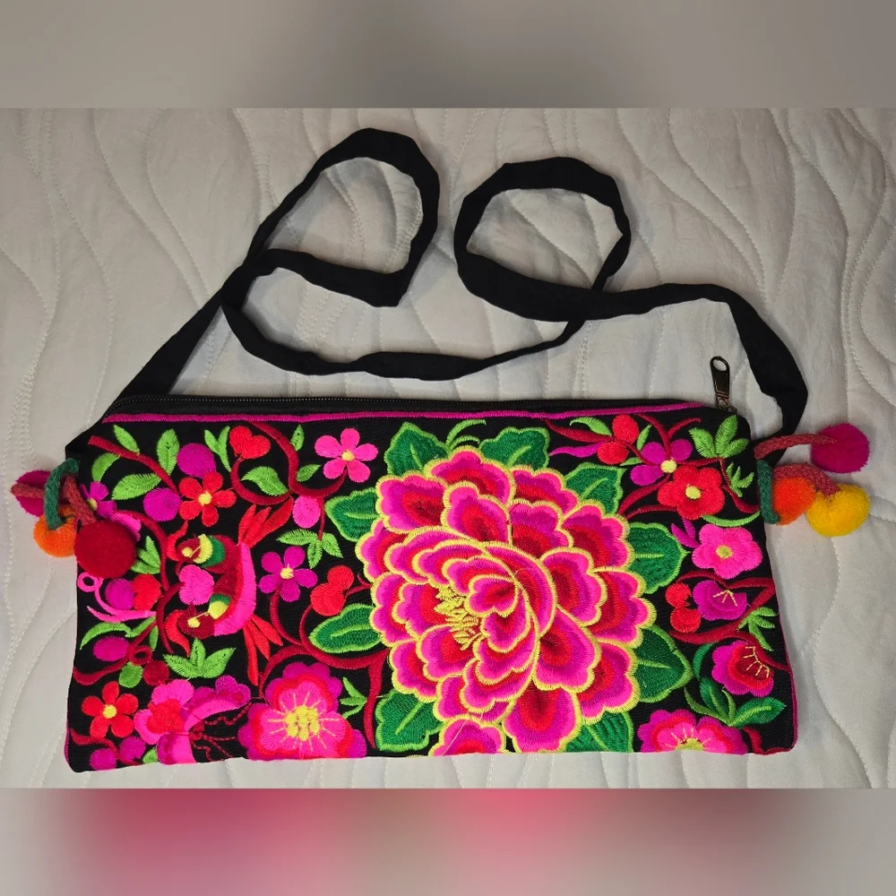 Hand Embroidered Purse In Bright Colors W Tassels,Straps, Zip Close, Lined, NWOT
